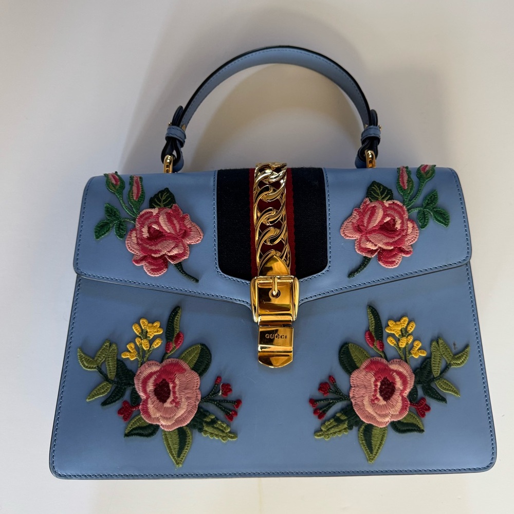 Floral Embroidered Blue Handbag